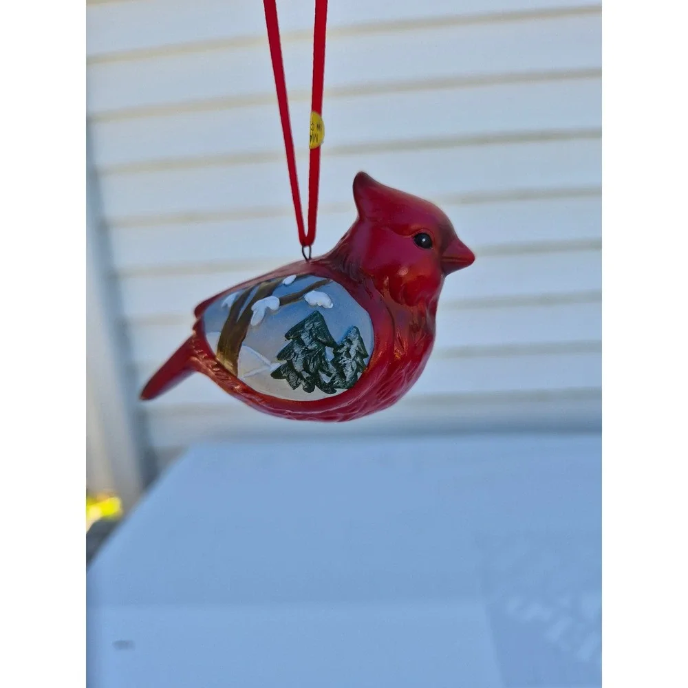 Red Cardinal Christmas Ornaments Set of 2 Winter Scene Hand Painted Bird Decor
